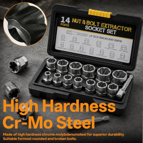 14PCS Bolt Extractor Kit, 3/8" Drive Bolt & Nut Remover Set, Cr-Mo Easy Out Tool with Storage Case for Stripped, Rusted, Rounded and Damaged Bolts, Nuts & Screws