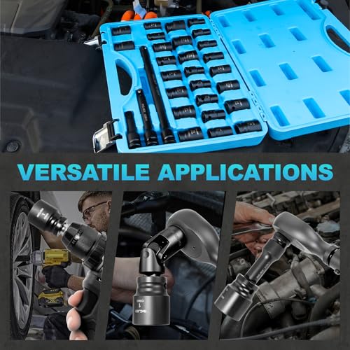 1/2 Impact Socket Set, 29PCS Shallow, SAE (3/8 to 1 inch) and Metric (10-24mm) Sizes with Extension Bars Standard Shallow Socket Set CR-MO Material High Torque Truck Bearing Locknut - size: 1/2inch 29PCS SHALLOW