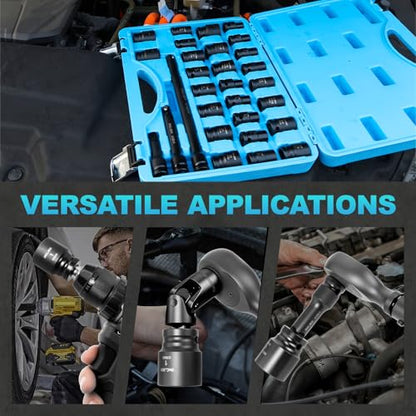 1/2 Impact Socket Set, 29PCS Shallow, SAE (3/8 to 1 inch) and Metric (10-24mm) Sizes with Extension Bars Standard Shallow Socket Set CR-MO Material High Torque Truck Bearing Locknut - size: 1/2inch 29PCS SHALLOW