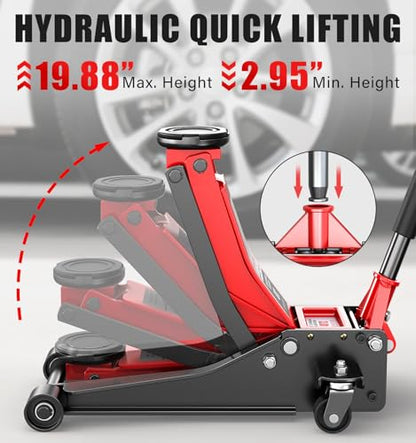 Low Profile Hydraulic Floor Jack 3T 6600lbs, Dual Piston Quick Lift, 2.95"-19.88" Lifting Range, Heavy Duty Alloy Steel 360° Swivel Wheels Car Maintenance for Sedan, SUV, Truck, Garage Auto Repair