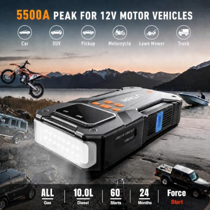 UTRAI 5500A 150PSI Jump Starter with Air Compressor, 12V Portable Jump Box (All Gas/10L Diesel), Jump Pack with LED Light, Car Jumper with Jumper Cables, Storage Case Included - color: Silver