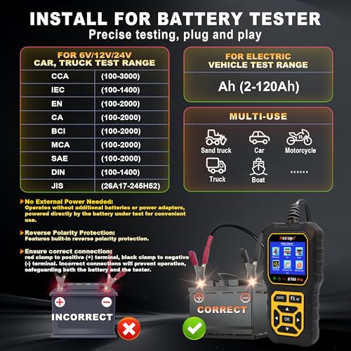 BT60 PRO Car Battery Tester 6V/12V/24V, 2–120Ah, 100–3000 CCA, AGM/Gel/Lithium, Alternator & Starter/Charging System Analyzer, QR Cloud Report (No App), Digital Analyzer - color: Black-Yellow