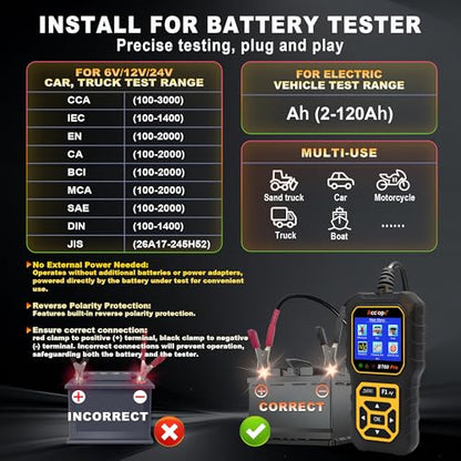 BT60 PRO Car Battery Tester 6V/12V/24V, 2–120Ah, 100–3000 CCA, AGM/Gel/Lithium, Alternator & Starter/Charging System Analyzer, QR Cloud Report (No App), Digital Analyzer - color: Black-Yellow