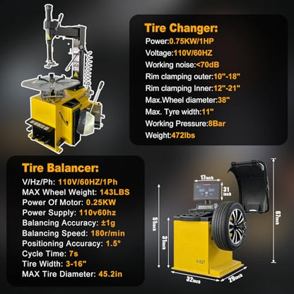 Tire Changer and Automatic Wheel Balancer Combo with 12"-24" Rim Range, 110V Professional Equipment for Auto Shops and Garages