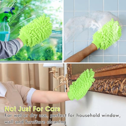 3 Pack Chenille Microfiber Car Wash Mitt, 7" x 9.6", Green | Car Washing Mitts, Home Dusting Gloves, Scratch Free Lint-Free, Highly Absorbent, Double Sided, for Cleaning Detailing Polish - color: Green