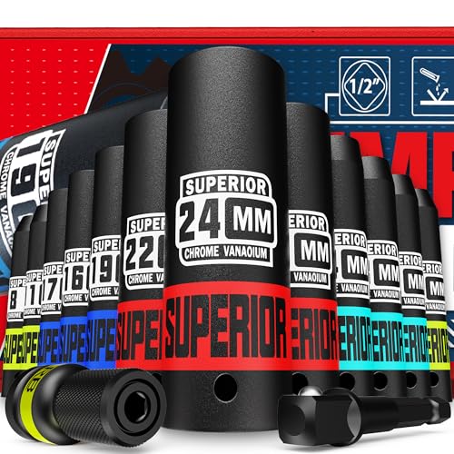 14 Piece 1/2" Drive Impact Socket Set, 8 mm - 22 mm Deep Socket, Metric Socket Set With Adapter & Quick-Release Holder, 6 Point, CR-V, Automotive Maintenance, Machinery Manufacturing - size: 1/2" Deep Metric