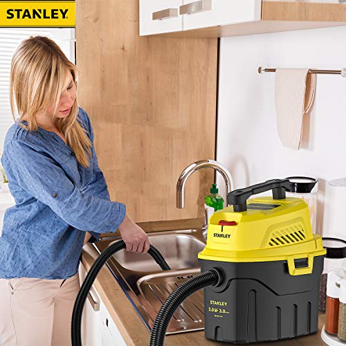 STANLEY 3 Gallon Wet Dry Vacuum, 3 Peak HP Poly 2 in 1 Shop Vac with Powerful Suction, Portable Shop Vacuum Car Vacuum W/ 3 Horsepower Motor for Auto Detailing, Tight Space Garage,Van,Vehicle