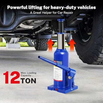 12T Hydraulic Bottle Jack, 24,000 lbs, with Tire Kit | Heavy-duty jack for trucks, RVs, machinery. 9.06"-17.32" lift. Case included. - color: 12 Ton Basic with Tire Repair Kit