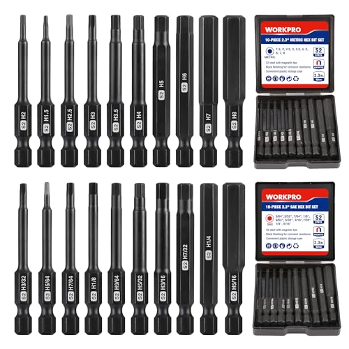WORKPRO 20pcs Hex Head Allen Wrench Drill Bit Set, CNC Machined S2 Steel Magnetic Metric and SAE Hex Bits, 1/4 Inch Square Shank Driver Bits, 2.3" Long Screwdriver Bits Set With Storage Box - color: Hex