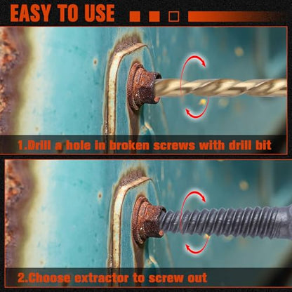 11Pcs Easy Out Screw Extractor Set, Titanium Coating Left Hand Drill Bit and Bolt Extractor Kit with 1/4" Adaptor, Reverse Drill Bit Extractor Set for Rusted Rounded Damaged Nuts Screws
