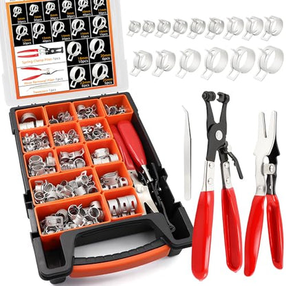 352Pcs Carbon Steel Spring Hose Clamp Kit - Black Oxide + Case & Pliers | 15 sizes 6-25mm, 352 pcs with case + clamp pliers & removal tool. Carbon steel, black oxide finish, for low-pressure systems.