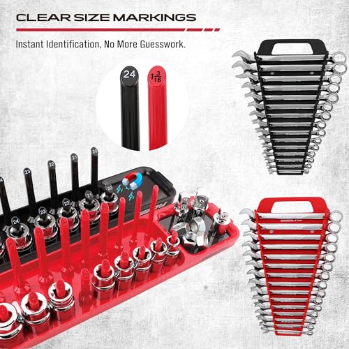 10-Piece Socket and Wrench Organizer Set, 8PC Socket Organizer Tray and 2PC 24-Slot Magnetic Wrench Organizer, for 1/4", 3/8", 1/2" Drive SAE and Metric, Toolbox Drawer Storage, Tools Not Included