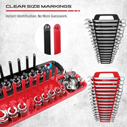 10-Piece Socket and Wrench Organizer Set, 8PC Socket Organizer Tray and 2PC 24-Slot Magnetic Wrench Organizer, for 1/4", 3/8", 1/2" Drive SAE and Metric, Toolbox Drawer Storage, Tools Not Included