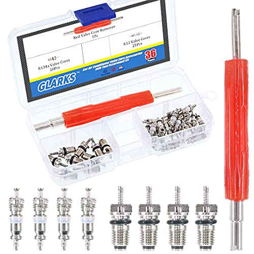 Glarks 36Pcs Car Air Conditioner Valve Core Schrader Valve Cores Accessories A/C R12 R134a Refrigeration Tire Valve Stem with Double Head Dual Dismantling Remover Installer Tool Assortment Kit - size: 36Pcs