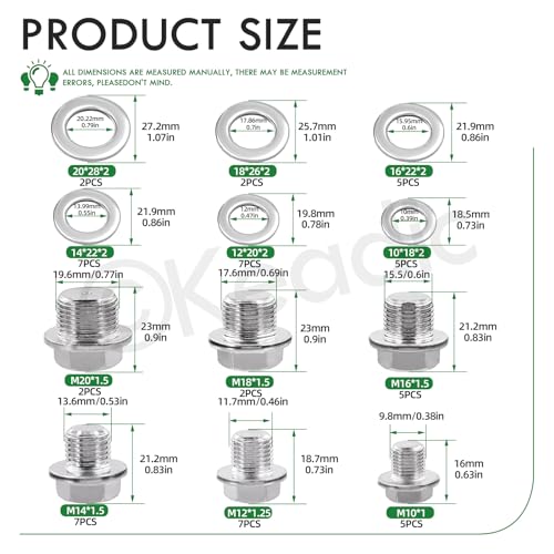 Keadic 28Pcs Oil Drain Plugs with Aluminum Washer Gasket, Oil Drain Plug Assortment Kit, 6 Sizes Oil Drain Plug Gasket Oil Pan Drain Nut Kit for Most Cars