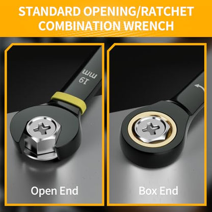 GRENPRO Ratcheting Wrench Set Metric And Standard, 9PC 8-19 mm 72Th Long Big Box Open End Ratchet Wrenches Organizer With Color Ring With Roll Up Pouch With 1 Gauge, Large Combination Wrench Tool Sets - style: 9PC Metric Ratchet Wrenches Set With Color Ri