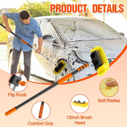 LAANPOLE 16FT Car Wash Brush with Long Handle, Car Cleaning Brush with 12 Inch Soft Bristle, Solar Panels Cleaner with Telescoping Pole for RV, Truck, Boat, House Siding - size: 16FT