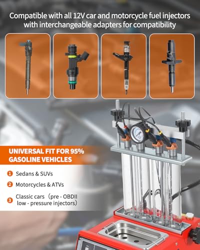 Garvee Fuel Injector Cleaner Tester 4-Cylinder 11 Test Modes 12V, Ultrasonic Injection Cleaning Machine with Adjustable Pressure (0-10 bar) & Pulse Width (0.1-25ms), Resistance Test, Digital Display - size: 4-Cylinder Model， 1-in-1