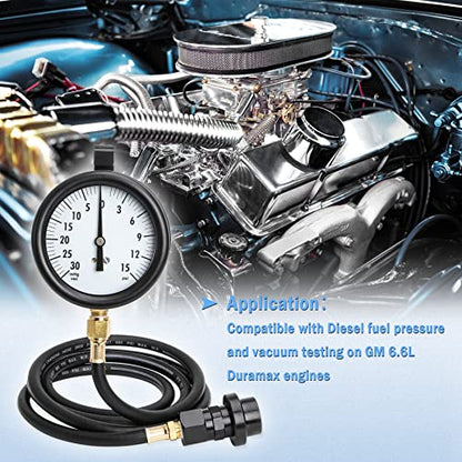 Fuel Pressure Tester Kit Compatible with TU-32-6 Fuel System Test 6.6 L | GM Duramax Diesel Gauge Assembly Test Kit with Quick Coupler 30 inHg 15 PSI 6FT Black Hose Storage Box