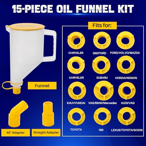 DASBET 15-Piece Oil Funnel Kit | 1.5-Quart No-Spill Engine Oil Funnel with 14 Adapters, One-Handed Easy Fill for Automotive Use