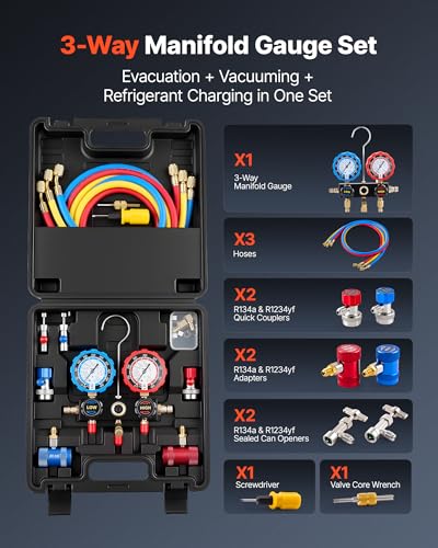 VEVOR AC Manifold Gauge Set for R134a R404A R1234yf R22 Refrigerant, 3 Way AC Gauge with 5 ft Hoses, Adapters, Quick Couplers, Can Taps for Automotive Air Conditioning Maintenance, Charging Evacuation - size: R134a/R404A/R1234yf/R22, style: 3 Way with Box