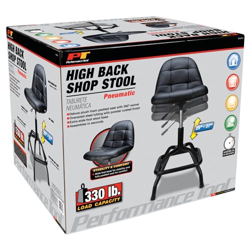 Performance Tool W85031 Pneumatic High Back Adjustable Swivel Bar Stool with Back Support for Home, Bar, and Shop, Black, 26-32-Inches High - style: High Back Pneumatic Shop Stool