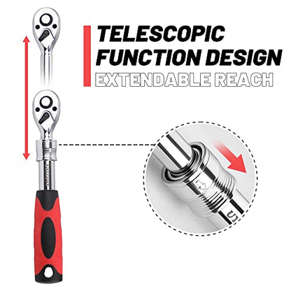 3-Piece Extendable Ratchet Set, 1/4 3/8 1/2 Inch Extendable Socket Wrench, Ratchet Wrenches Set 72-Tooth Quick-Release, Soft Grip Handle with Storage Tray - size: Extendable Ratchet Set - 3PCs (1/4", 3/8", 1/2")