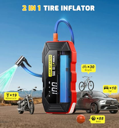Jump Starter with Air Compressor 4000A Portable Car Battery Jump Starter (All Gas/10L Diesel), 160PSI Auto-Shutoff Tire Inflator Air Compressor, SuperSafe 12V Jump Box Car Battery Jumper Booster