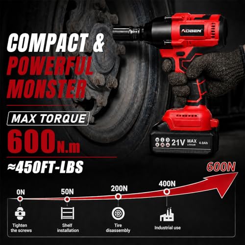 AOBEN Cordless Impact Wrench 1/2 Inch, Power Impact Gun Kit, Max 600N. M/450Ft-lbs High Torque Electric Impact Driver for Car RV Tire, 4.0Ah Battery, Charger, 6 Sockets & Storage Tool Case - size: AB-7337-B