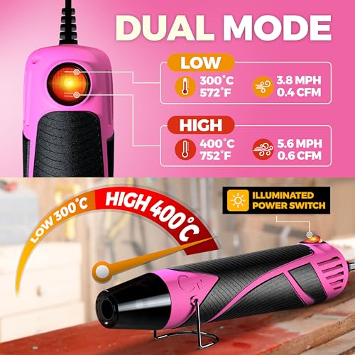 Heat Gun for Crafting, Mini Dual Temp Hot Air Gun Tool for Epoxy Resin, Shrink Wrapping, Vinyl Wrap, Embossing, Electronics, Candle Making, Sublimation, Phone Repair & DIY (Pink/Black) - color: Pink/Black