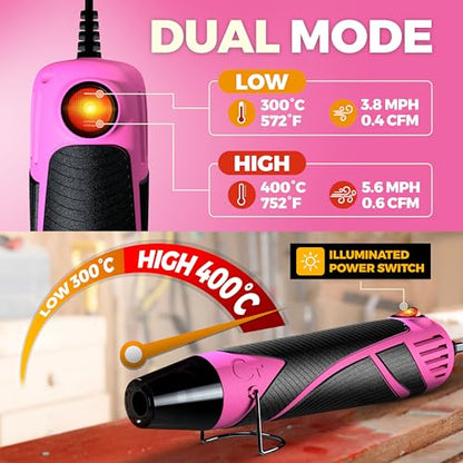 Heat Gun for Crafting, Mini Dual Temp Hot Air Gun Tool for Epoxy Resin, Shrink Wrapping, Vinyl Wrap, Embossing, Electronics, Candle Making, Sublimation, Phone Repair & DIY (Pink/Black) - color: Pink/Black