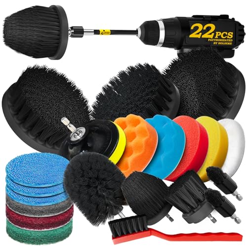 Holikme 22Pack Drill Brush Attachments Set, Scrub Pads & Sponge, Buffing Pads, Power Scrubber Brush, Car Polishing Pad Kit,Wax Applicator Pad,Car Cleaning Kit，Cleaning Supplies，Masonry Brushes,Black - color: Black