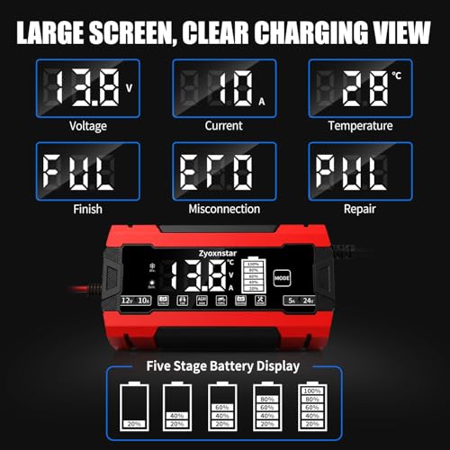 Battery Charger 10 AMP, 12V/24V LiFePO4 Lead Acid Car Battery Pulse Repair Charger, Smart 10-Stage Maintainer & Trickle Charger w/Temp Compensation