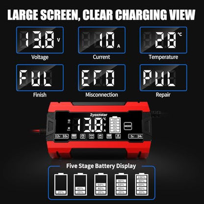 Battery Charger 10 AMP, 12V/24V LiFePO4 Lead Acid Car Battery Pulse Repair Charger, Smart 10-Stage Maintainer & Trickle Charger w/Temp Compensation