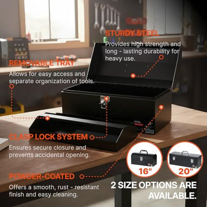 Black Canyon 16 Inch Tool Box, Metal Tool Box, 0.8mm Carbon Steel, Portable&Padlockable, 4 Non-Slip Foot Pads, Ideal for Trailer, Mechanic, DIY-ers, Car Toolbox, Workshops, Garages, Repair Shops - size: 16 IN/STL
