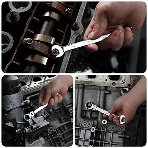 WORKPRO Ratcheting Combination Wrench Set, 8-piece Flex-Head Anti-Slip Set Metric 8-17 mm, 72-Teeth, Cr-V Constructed, Black Electrophoretic Coating with Rolling Pouch - size: SAE, style: Mirror Polished