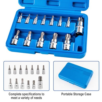 13-Piece Torx Bit Socket Set, T8-T70 Star Bit Sockets | S2 Steel And CR-V Construction with 1/4", 3/8", 1/2" Drive for Automotive And Equipment Repair