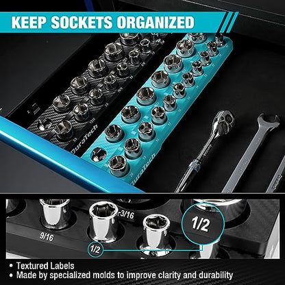 DURATECH Magnetic Socket Organizer Set, 1/2" SAE & Metric Socket Holders | Socket Trays, Tool Box, Tool Cart Organizer, Standard & Deep Sockets Organizer, Carbon Fiber, Prevent Scratching, 35-holder - size: 2pc 1/2" Metric&SAE