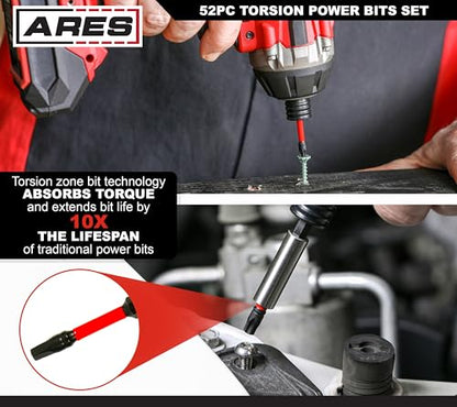 ARES 31022-52-Piece Torsion Power Bit Set with Sliding Bit Holder – Includes Standard and Reduced Philips, SAE Hex, Standard Torx, Slotted, Double-Ended Power, and Square - size: 52-Piece Torsion Power Bit Set with Bit Holder