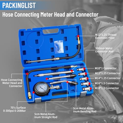 11PC Compression Tester, Automotive Engine Compression Tester Adapter Kit, Engine Cylinder Leak Down Compression Test Motor Pressure Gauge with M10 M12 M14 M16 M18 (All Vehicles)