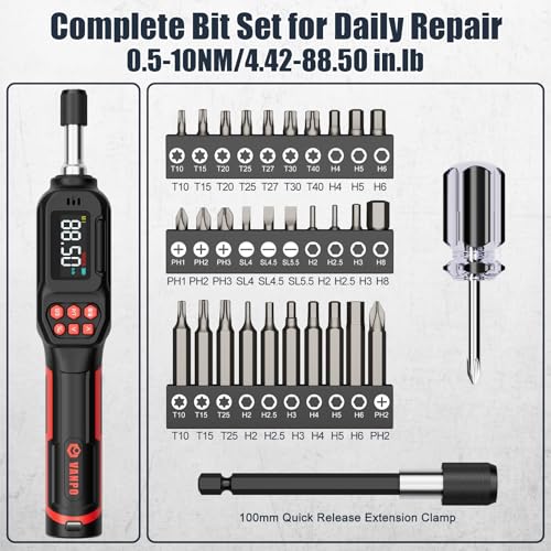 VANPO Digital Torque Screwdriver, 4.42-88.5 in.lb, ±2% Accuracy | 0.5-10 Nm, 1/4" Electrician Torque Screwdriver Set with 31Bits, LCD Display & Audible Buzzer for Bike & Precision Electronics