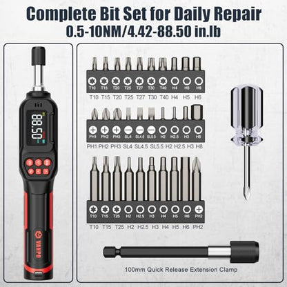 VANPO Digital Torque Screwdriver, 4.42-88.5 in.lb, ±2% Accuracy | 0.5-10 Nm, 1/4" Electrician Torque Screwdriver Set with 31Bits, LCD Display & Audible Buzzer for Bike & Precision Electronics