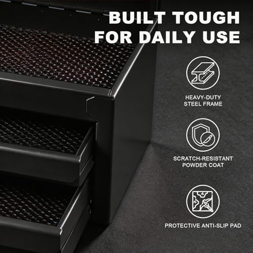 JACK BOSS Mini Tool Box with Two Drawers,Small Metal Tool Box with Lockable Top Storage,Multi-Purpose Portable Tool Boxes Case Organizer,Small Tool Chest with PVC Mats,L10.8"×W6.6"×H7",Black - color: Black