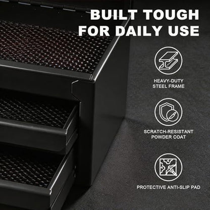 JACK BOSS Mini Tool Box with Two Drawers,Small Metal Tool Box with Lockable Top Storage,Multi-Purpose Portable Tool Boxes Case Organizer,Small Tool Chest with PVC Mats,L10.8"×W6.6"×H7",Black - color: Black