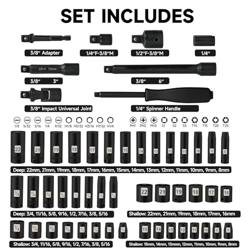 STEELITE 72 PCS 3/8" Impact Socket Bit Set 6 Point, CRV SAE and Metric Sizes (5/16 to 3/4-Inch & 8-22 mm), 2 Extension Rods, 1/4" & 1/2" Adapter, Universal Joint, Screwdriver Handle with 20 Bits