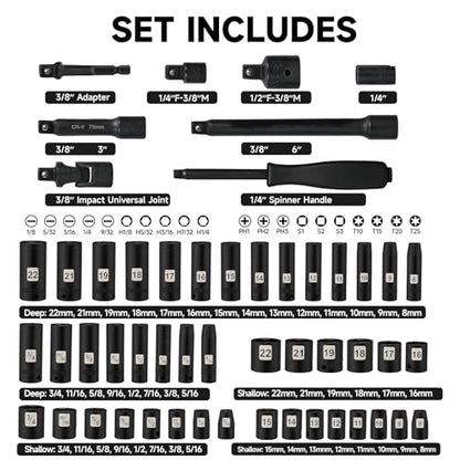 STEELITE 72 PCS 3/8" Impact Socket Bit Set 6 Point, CRV SAE and Metric Sizes (5/16 to 3/4-Inch & 8-22 mm), 2 Extension Rods, 1/4" & 1/2" Adapter, Universal Joint, Screwdriver Handle with 20 Bits