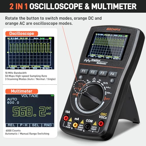Handheld Oscilloscope Multimeter, GOCHIFIX 2 in 1 Portable Digital Oscilloscope Multimeter 10Mhz Bandwidth, 50MSa/s Sampling Rate, 6000 Counts, Automotive Multimeter Oscilloscope - style: 10 Mhz