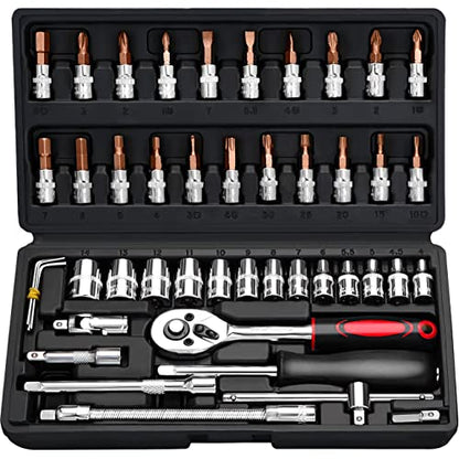 46 PCS Socket Wrench Set, Mechanic Tool Kit Quick-release Ratchet, 1/4" Drive Bit Metric Combination Tools for Auto Repairing & Household with Storage Case