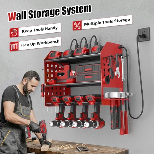 SUNALLY Power Tool Organizer Wall Mount with Charging Station,3 Layer Metal Tool Storage Rack with 4 Drill Holders, Heavy Duty Power Tool Shelf for Garage, Warehouse, Workshop, Gifts for Men, Husband - style: 4 Drill Holders F