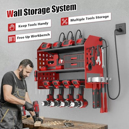 SUNALLY Power Tool Organizer Wall Mount with Charging Station,3 Layer Metal Tool Storage Rack with 4 Drill Holders, Heavy Duty Power Tool Shelf for Garage, Warehouse, Workshop, Gifts for Men, Husband - style: 4 Drill Holders F